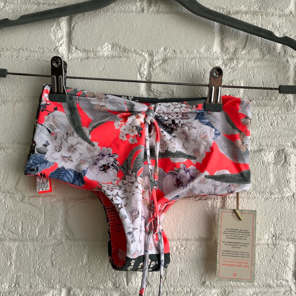 Maaji Vibrant Floral Bikini Bottom - Red and White